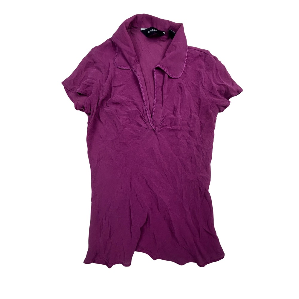 Express 100% Silk Blouse Womens 10 Purple V Neck Fairycore Y2K Short Sleeve